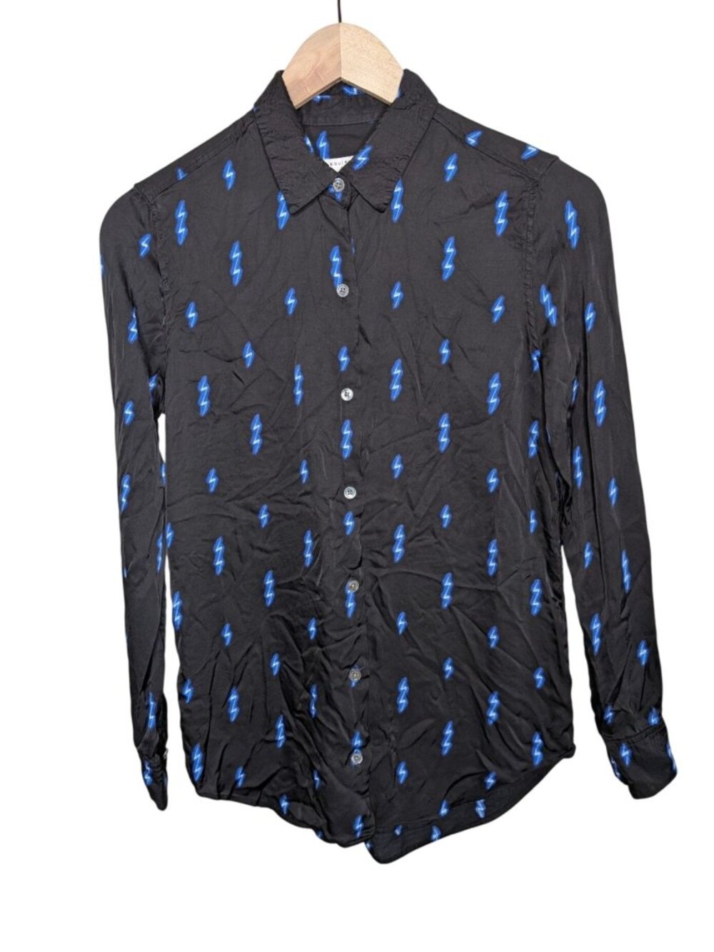 Equipment Femme Black Silk Button-Up Lightning Bolt Print Shirt XS